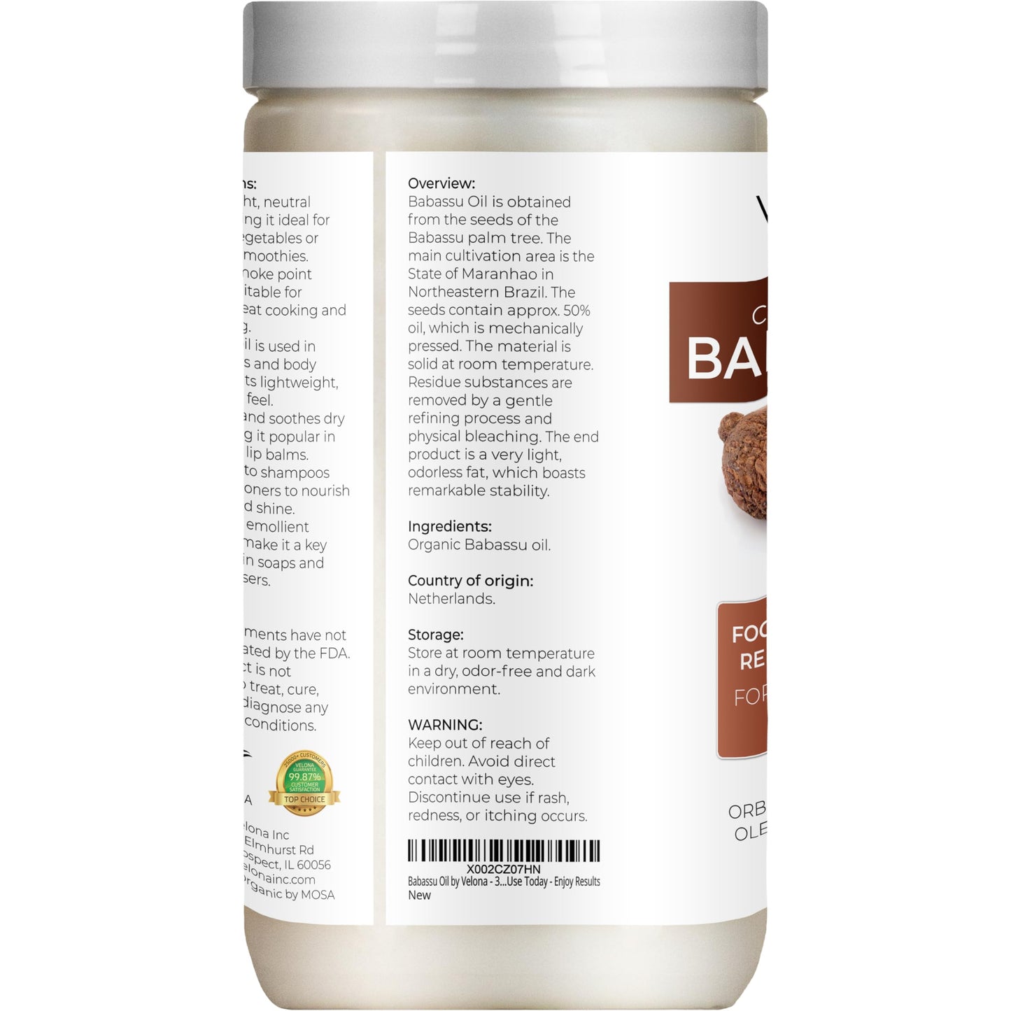 velona Babassu Oil USDA Certified Organic - 32 Fl Oz | 100% Pure and Natural Carrier Oil | Refined, Cold Pressed | Face, Hair, Body & Skin Care and Cooking | Use Today - Enjoy Results