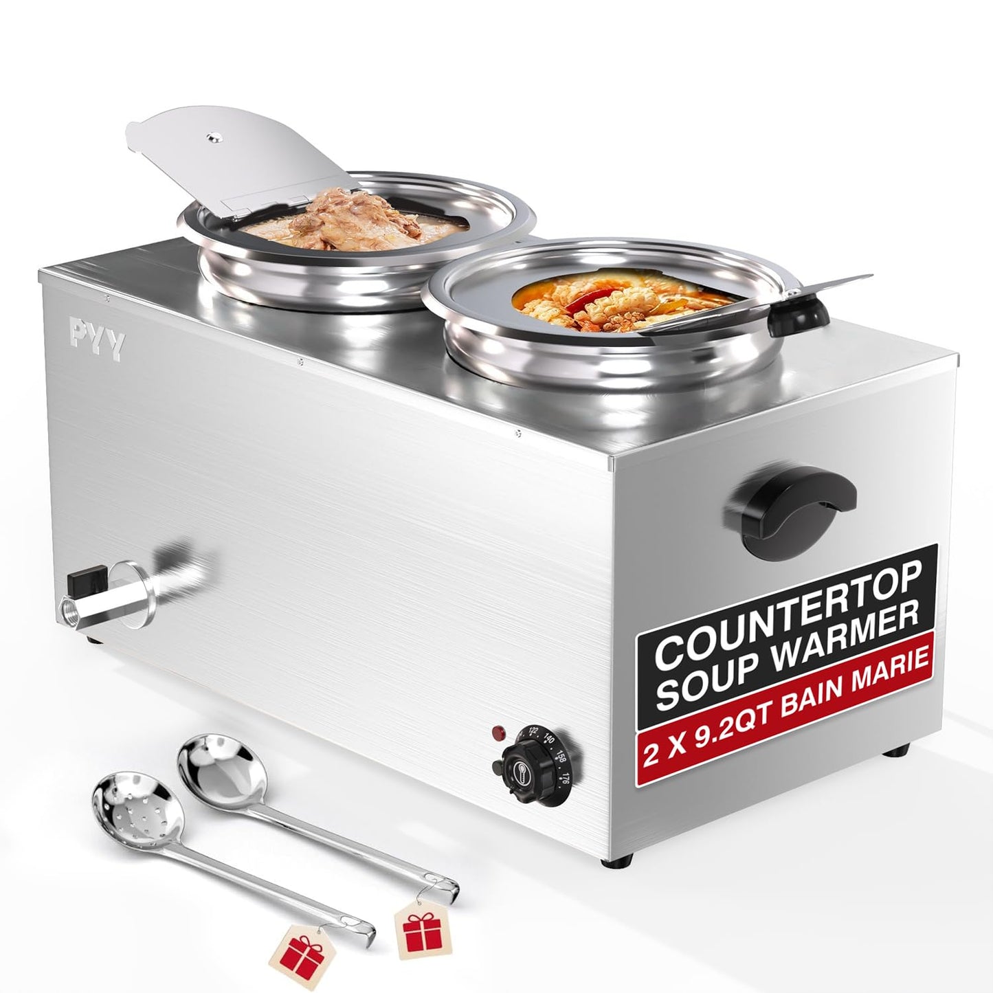 PYY Soup Warmer Commercial - Two 9.2QT Stainless Steel Bain Marie Round Pot 86~185°F Adjustable Temp, 1500W Electric Soup Warmer Countertop with Anti-Dry Burn and Reset Button for Restaurant, Buffet