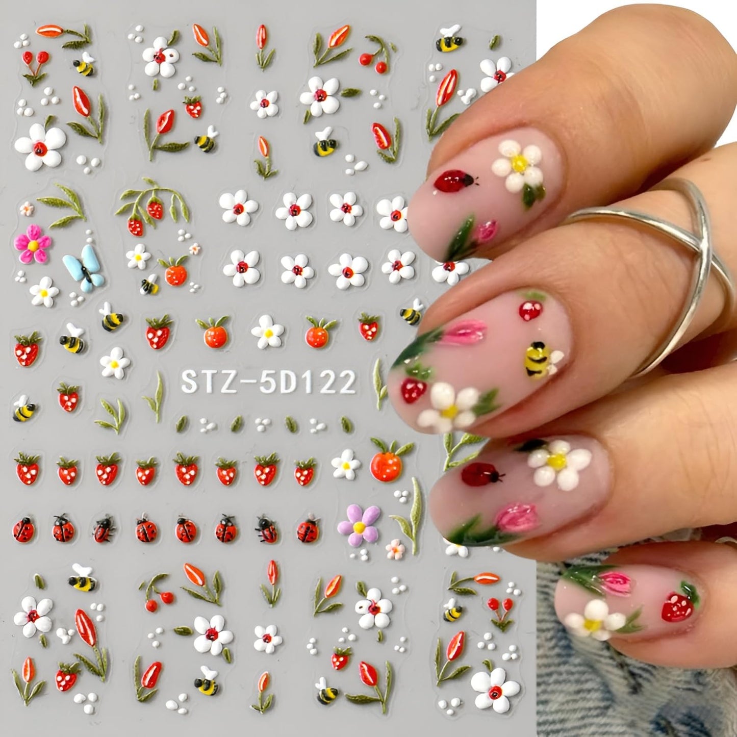 Spirng Nail Stickers for Nail Art 5D Embossed Cute Ladybug Nail Decals Flower Nail Art Stickers Strawberry Leaf Nail Design Summer Nail Art Supplies for Women Girls 2 Sheets