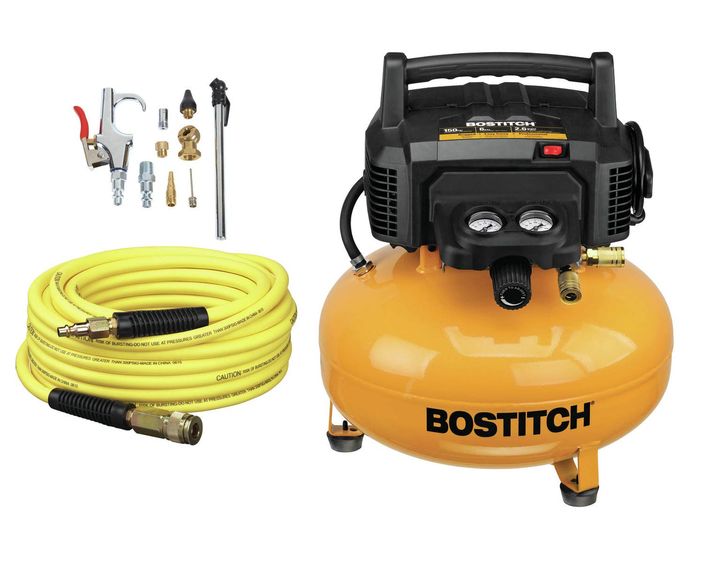 Bostitch 6 Gallon Pancake Air Compressor & 13 Piece Accessory Kit: Air Hose, Blow Gun and Adapter, Blow Chuck, Tire Gauge, Rubber Blow Gun Nozzle, Inflation Needle, and Male Quick Connect Plug