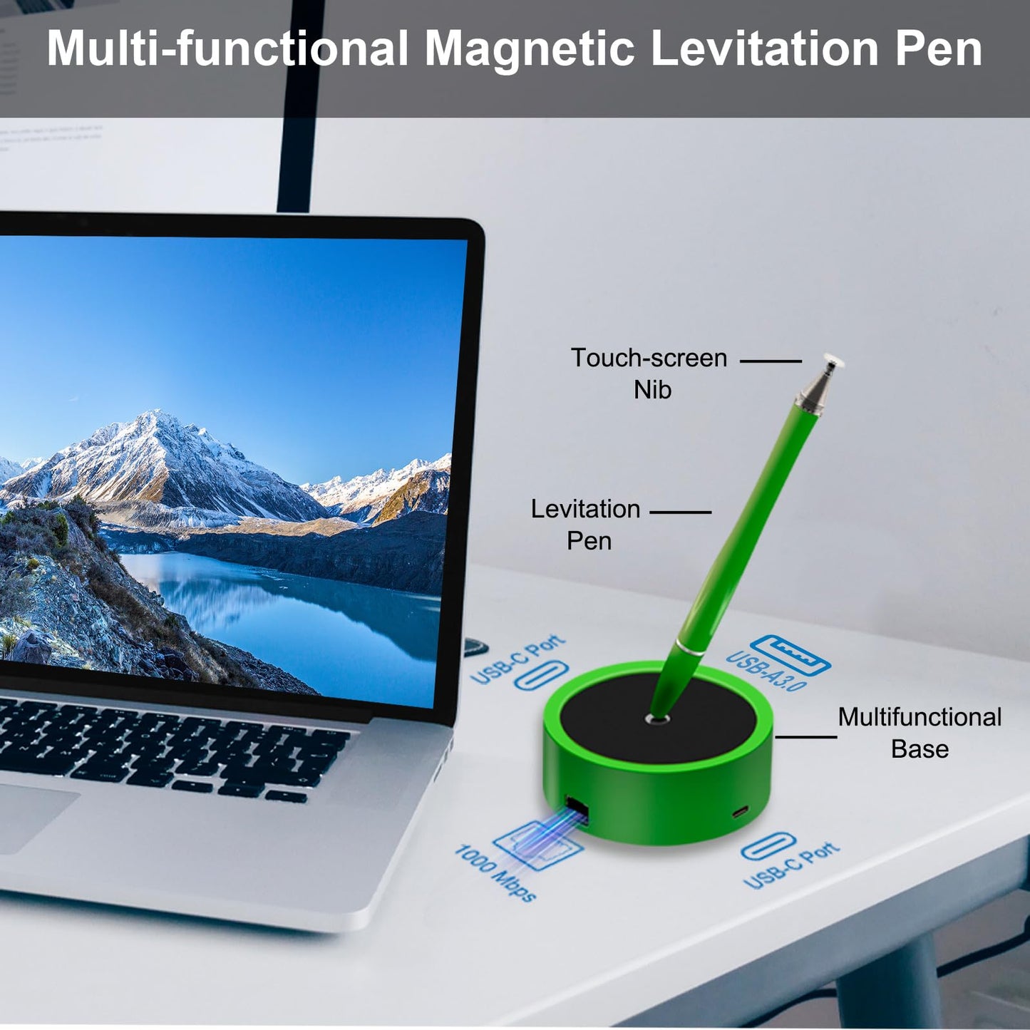 Elenzk Magnetic Floating Ballpoint Pen for Men & Women, Luxury Gift with Dock Base, Fine Point Black Ink Sign Pen, Innovative Desk Gadget, Unique Gift for Business Owner and Christmas (Green)