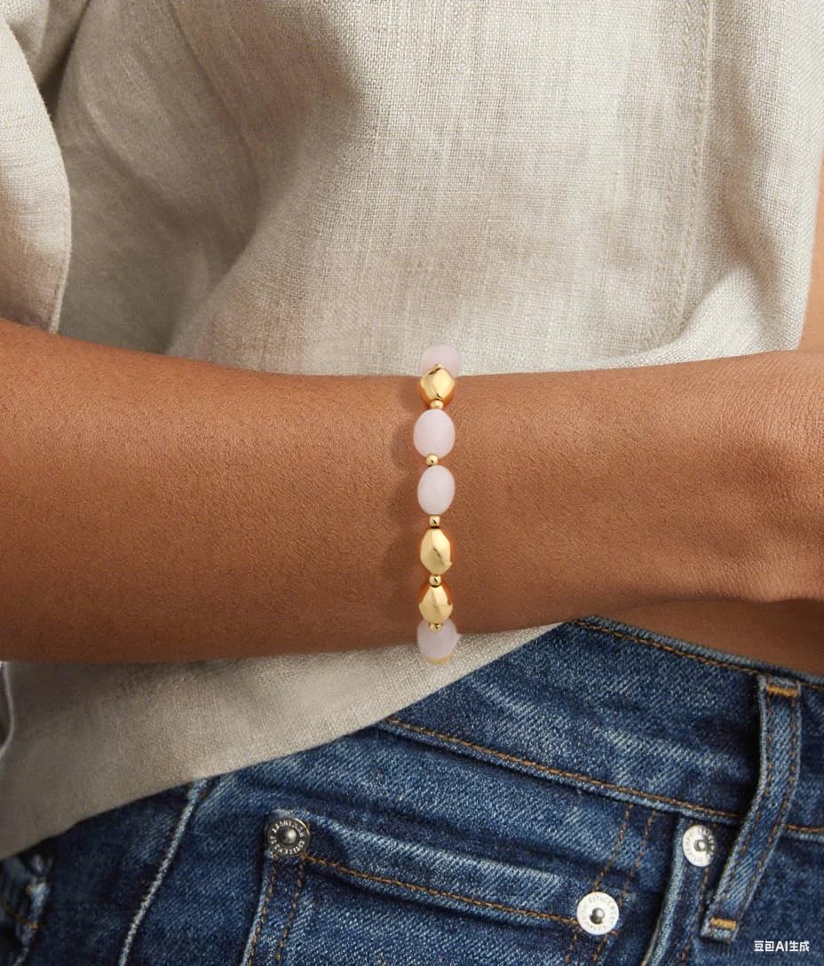 NVWAROCK Beaded Bracelet for Women, Gemstone Bracelet, 14K Gold Plated Stackable Handmade Oval Stone Bracelet Jewelry Gift - White