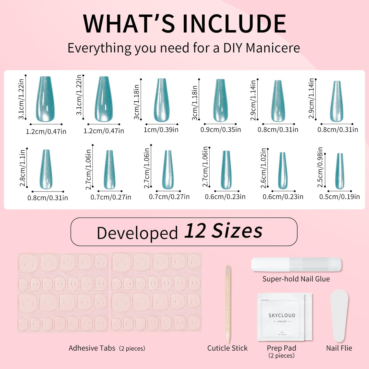 Sky Blue Cat Eyes Press On Nails,12 Sizes - 24 Pcs Soft Gel Blue Long Coffin Fake Nails Kit with Nail Glue, Natural Reusable Stick On False Nails for Women and Girls SK1048