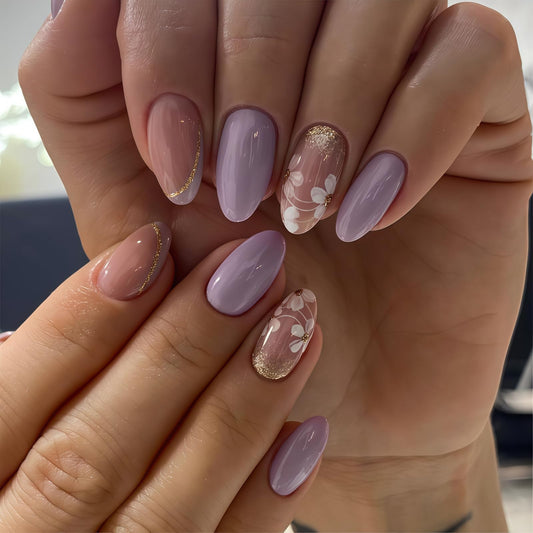 Purple Press on Nails - Medium Almond Fake Nails with Gold Glitter&Flower Designs False Nails Spring Glue on Nails Reusable Full Cover Stick on Nails for Women Manicure 24Pcs