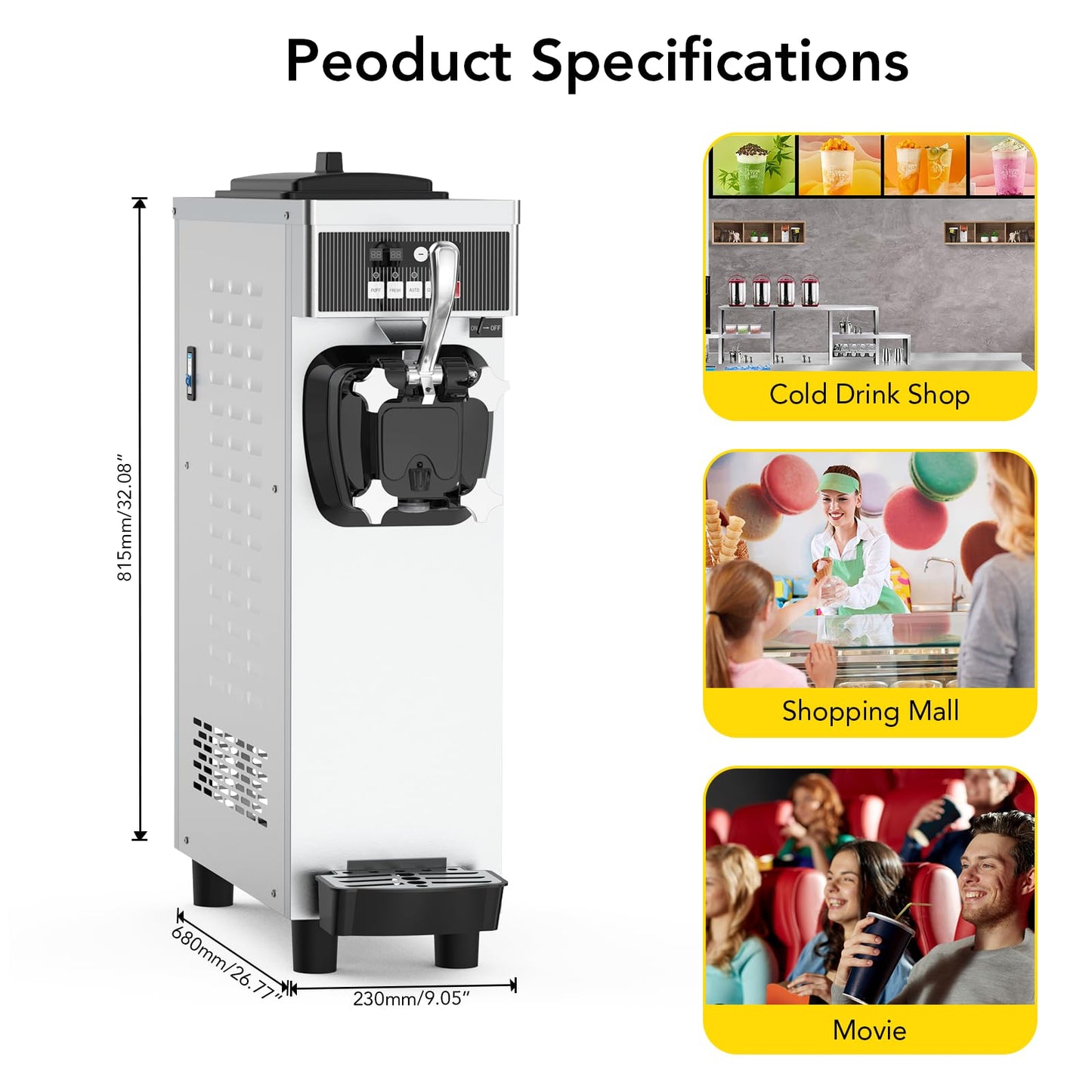 Single Flavor Soft Serve Ice Cream Maker Machine Commercial, 4.7-5.8 Gal/Hr Countertop Soft Serve Machine with LCD Display, Auto Clean Pre-Cooling High Productivity for Restaurants & Snack, 1200W