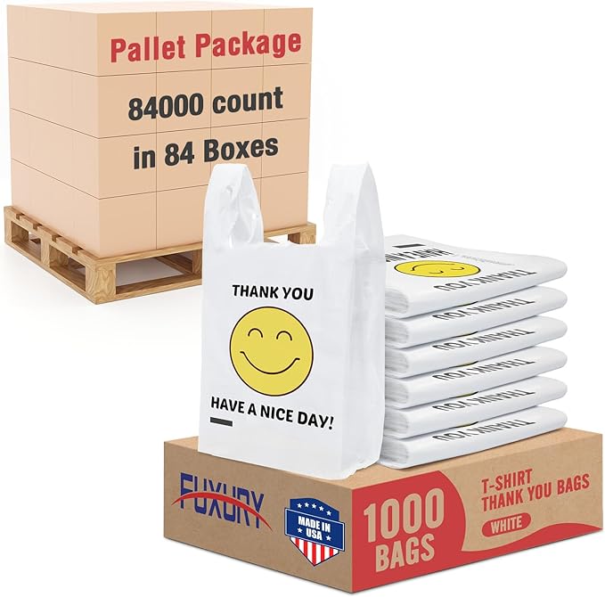 Fuxury Thank You Plastic T-shirt Bags White Smile 84000 Count (84 Boxes,1000 Count/box) Pallet Package for Small Business, Grocery, Take Out, To Go, Retail Shopping Bags in Bulk