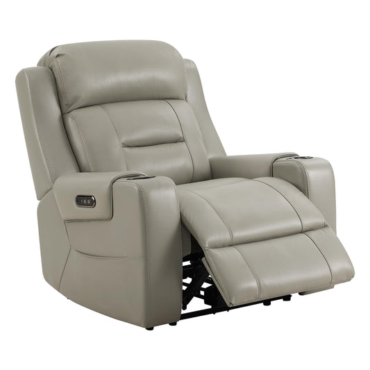 Watson & Whitely Genuine Leather Power Recliner Chairs for Adults, Lay Flat Recliner with Power Headrest, USB Ports and Cup Holders, Electric Reclining Sofa for Living Room, Bedroom, Grey
