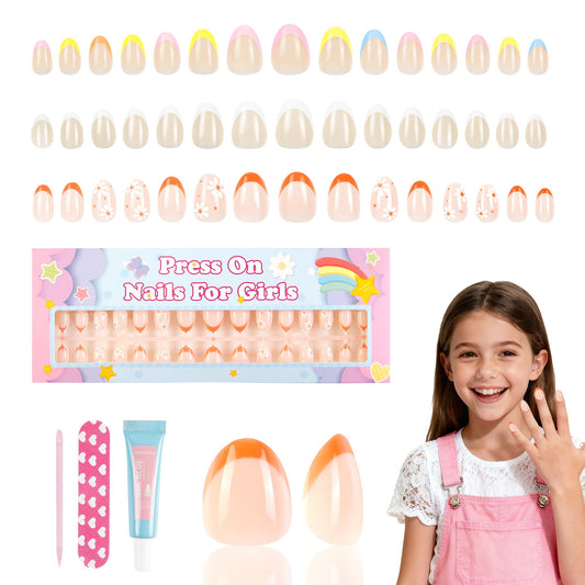 90 Pieces Press on Nails for Kids, Kawyehu 3 Pack Nails for Kids Colorful Press on Nails for Girls 8-12 Years with Glue, Almond Fake Nail Kit for 9 10 11 12 Year Old, Summer