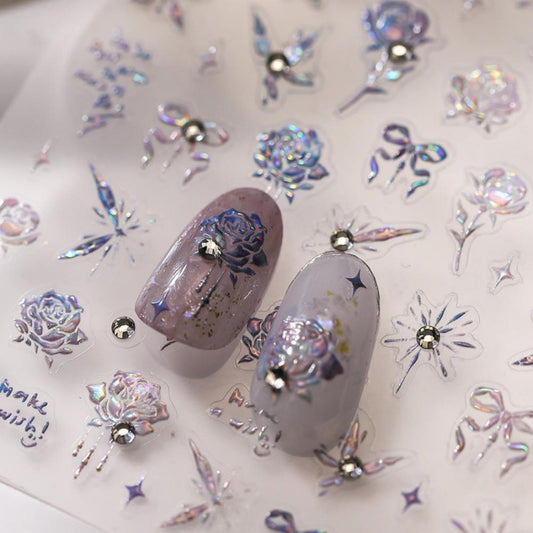Aurora Flower Nail Stickers 5D Embossed Holographic Pearl Butterfly Nail Decals 3D Self-Adhesive Laser Bow Nail Art Supplies Spring Iridescent Nails Decoration Accessories for Women Manicure 1 Sheet