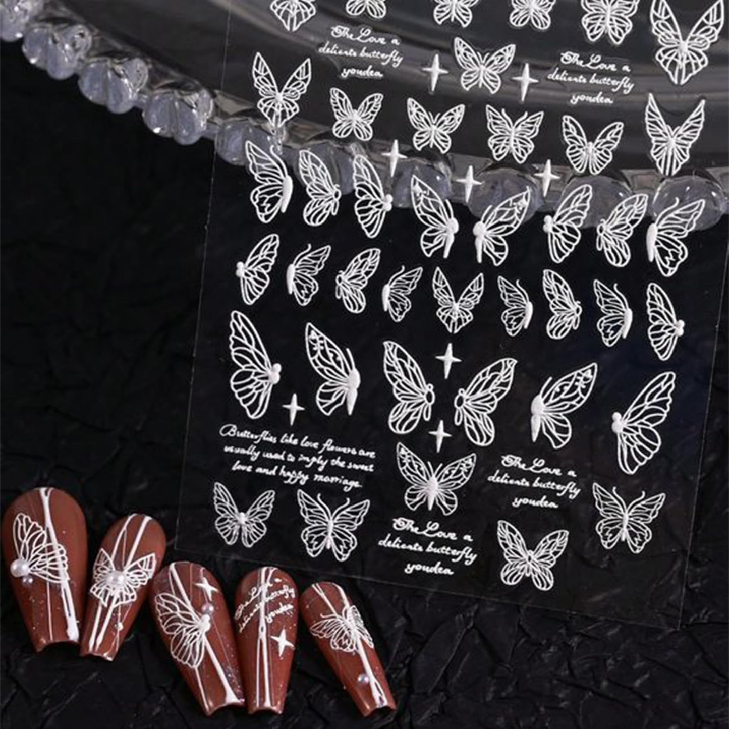 3 Sheets White Bow Ribbon Nail Art Stickers Pearl Lace Rhinestone Embossed Nail Decals Butterfly Pearl Design Self-Adhesive Nail Stickers Women's Nail Art Supplies