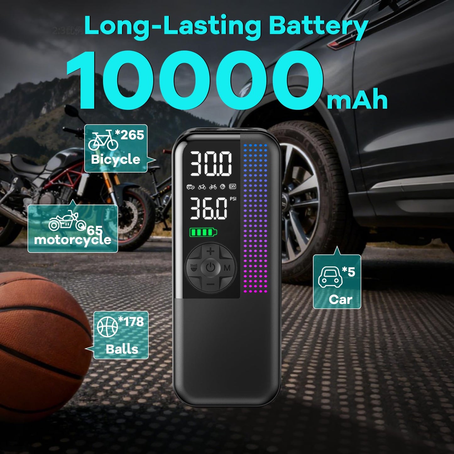 WEOLULI Tire Inflator Portable Air Compressor,150 PSI Cordless Air Pump, 12V DC Car Plug,Dual Power 10000mAh, Fast Inflation 24L/Min, 4 Preset Modes for Car, Bike, Motorcycle, Balls (Black, 10000mAh)