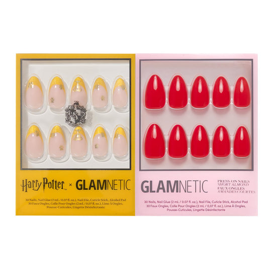 Harry Potter™ x Glamnetic Press-On Nails Bundle - Helga Hufflepuff™ & Fiery Red | Short Almond Fake Nails with Velvet Yellow French Tips & Gold Graphics, Officially Licensed | Bright Red Short Almond
