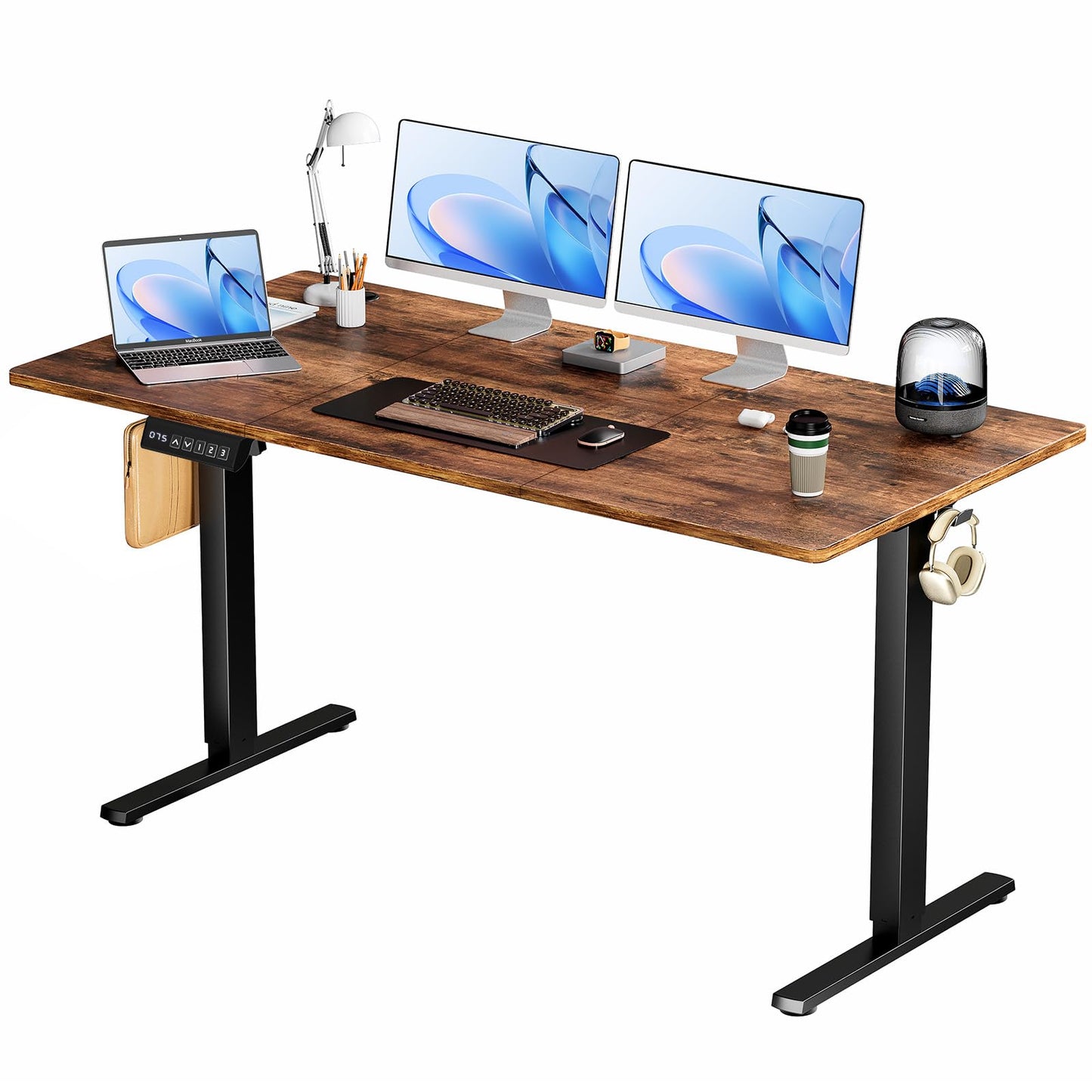 KMFurnila Electric Standing Desk Adjustable Height, 63" x 24", Sit Stand up Desk with 3 Memory Settings, Computer Desk with Cable Management for Home Office, Metal Frame, Brown