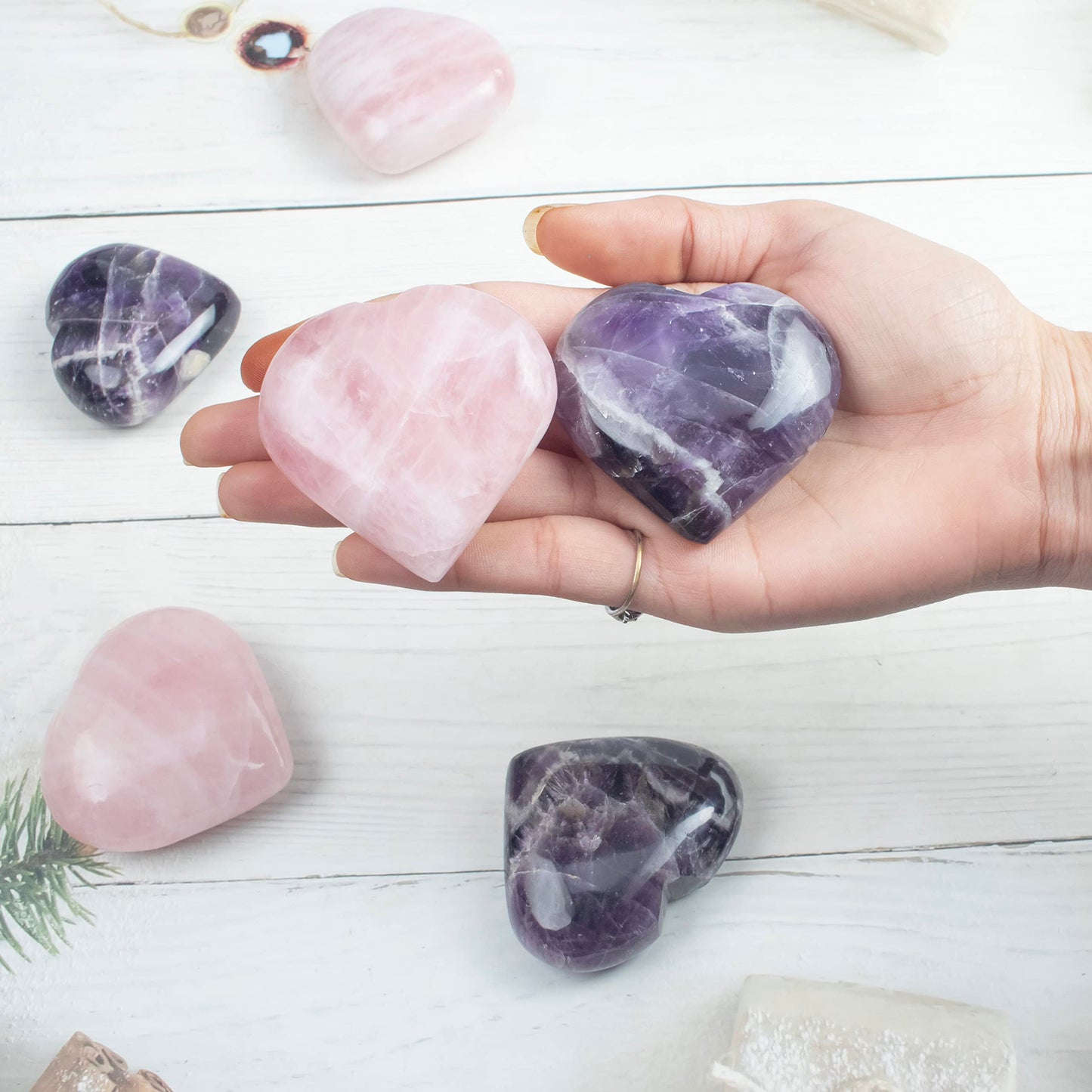 Crocon 2 pcs 50mm Crystal Heart Amethyst & Rose Quartz, (Set of 2) Healing Stone for Heart Chakra Crystal Heart Shape Love Heart Crystal Gift Pocket Stone Reiki Meditation Gift for him her