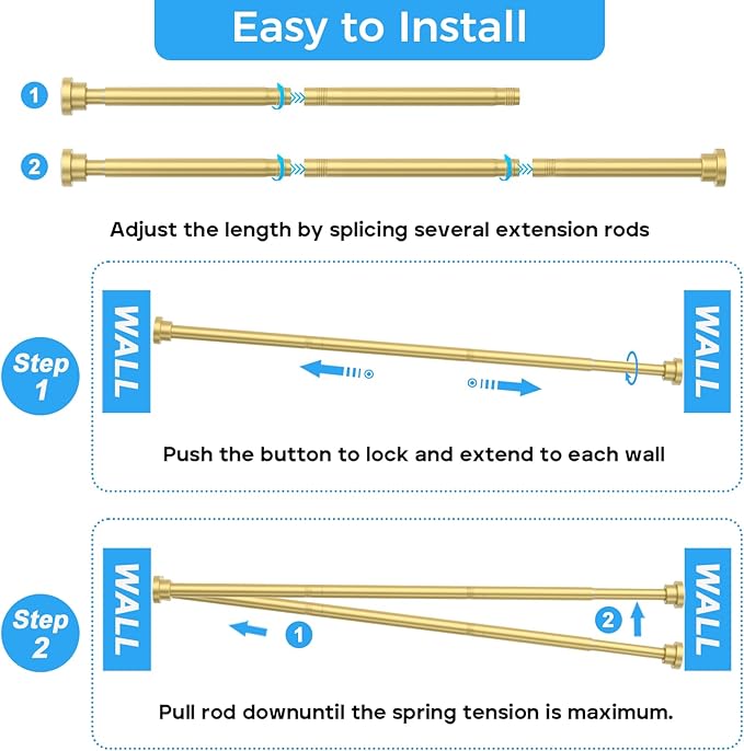 Shower Curtain Rod 31-63 Inch,0.87"Diameter Adjustable Spring Tension Curtain Rods No Drill,Warm Gold Shower Tension Rod for Bathroom,Room Divider,Window,Anti-Rust Non-Slip 1-Pack