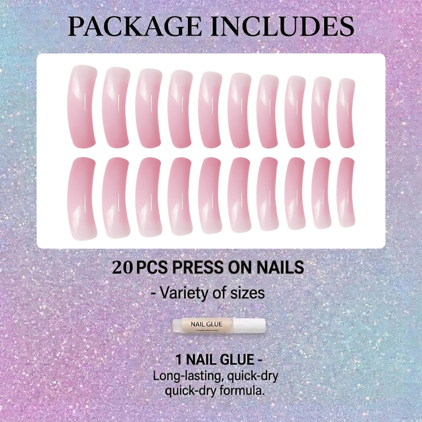 IMSOHOT Long Curved Press on Nails, Square Jelly Nude Pink Fake Tips with Glue, 20Pcs Full Cover Sheer French Design, Clean Girl Aesthetic Acrylic Glue-ons