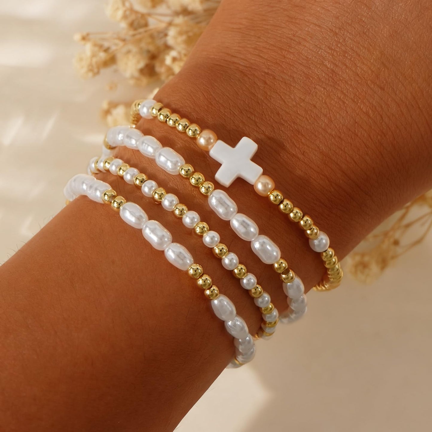 Bohxantium Pearl Gold Beaded Bracelets Set for Women White Cross Bracelet Stack Stretch 14K Gold Plated Beads Ball Stackable Non Tarnish Trendy Dainty Jewelry Friendship Christian Gifts for Women