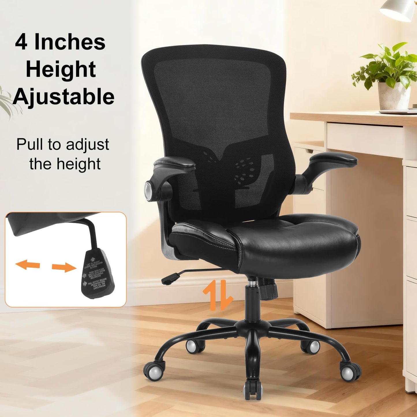 Ergonomic Office Chair, PU Leather Ergonomic Desk Chair with Mesh Back Adjustable Lumbar Support Home Gmaing Desk Chair with Wheels and Flip-Up Armrests, 360°Swivel, Tilt Lock and Wide Cushion-400LBS