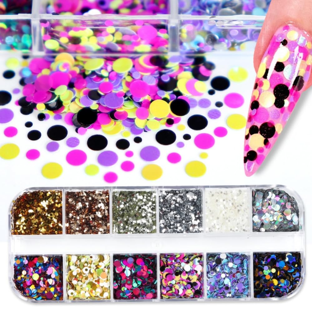 1 Box 12 Color Holographic Circle Nail Glitter Rings Nail Sequins 3D Silver Gold Nail Flakes Sparkly Glitter Flakes Shiny Nail Glitter Colorful Nail Sequins Glitter for Nails Art 12 Grids