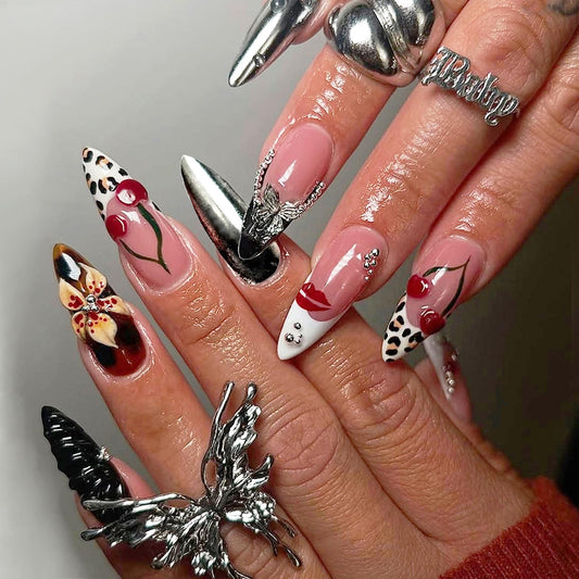 Long Almond Press on Nails for Women,Cherry & Silver Metallic,Fake Nails Artificial Stick on Nails