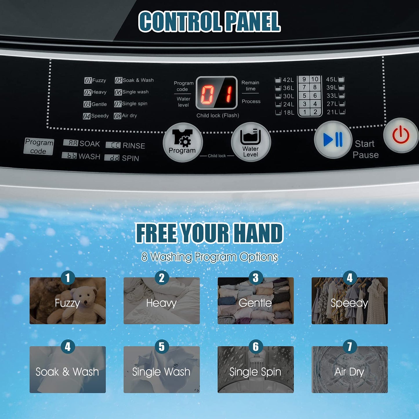ARLIME 2 in 1 Portable Washing Machine, Full-Automatic Washer 1.5 Cu.Ft Capacity, Laundry Washer & Spin Dryer w/Long Inlet & Outlet Hose For Apartments, Condos, Dorms, RV’s Camping Living (Grey)