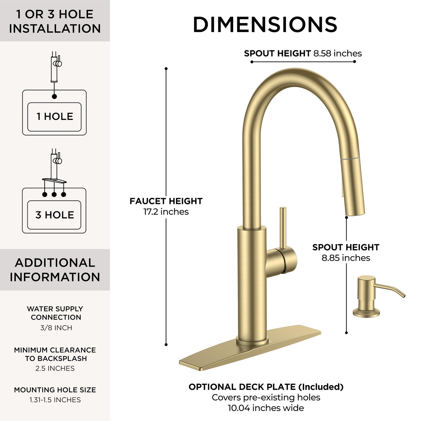 FORIOUS Kitchen Faucet with Soap Dispenser, Modern Brushed Gold, Single Handle High Arc Stainless Steel Kitchen Sink Faucet with Pull Down Sprayer, 1 or 3 Hole Deck Mount for RV, Laundry, Outdoor