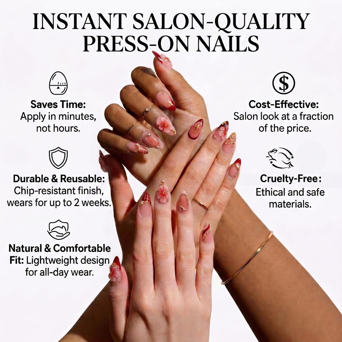IMRAIN Almond Press on Nails, Medium Fake Nails, Peach Jelly 3D Flower Burgundy French, 30 Pcs Reusable Glue on Nails for Women, Salon Quality