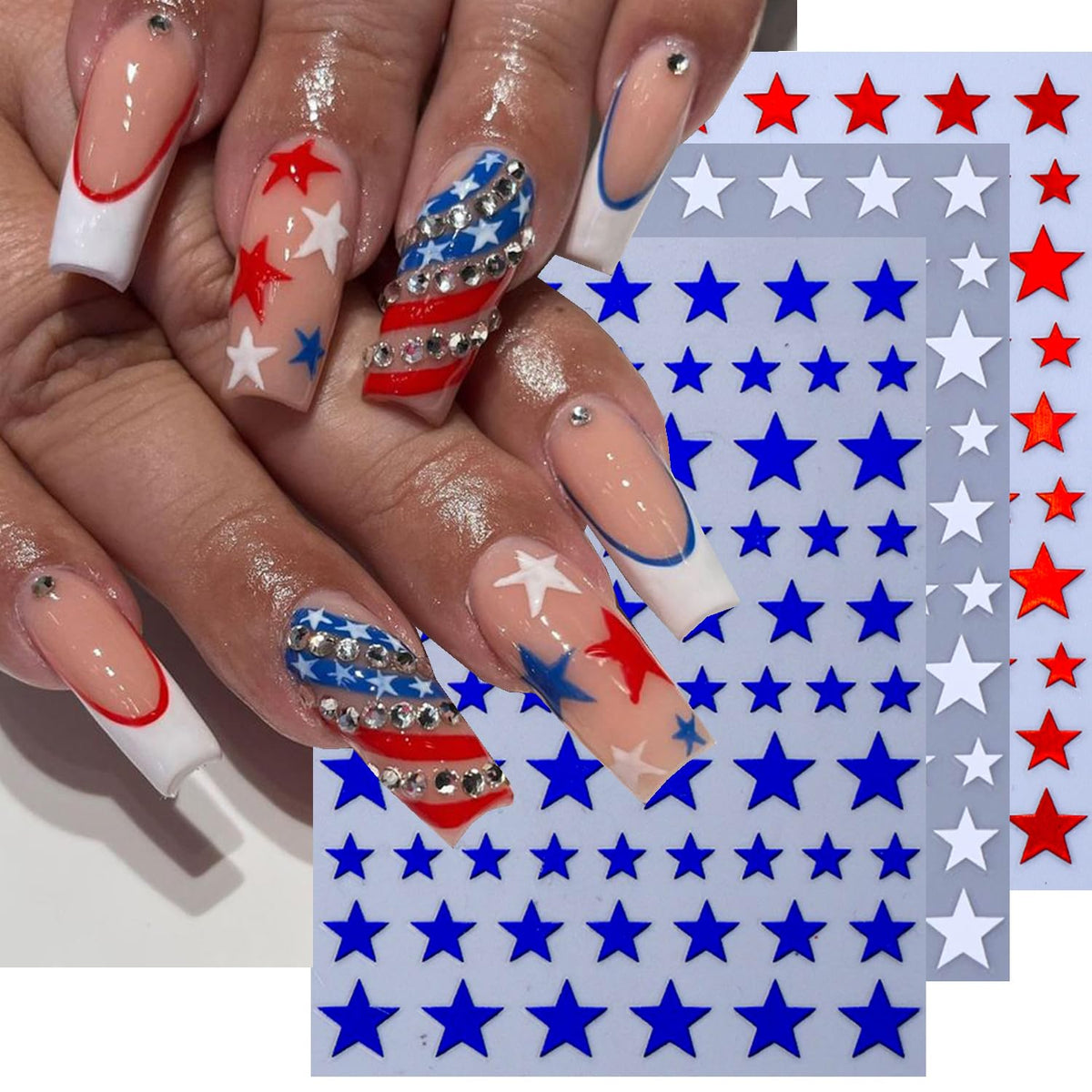 6 Sheets 3D Star Nail Stickers for Nail Art - Self-Adhesive Red Blue White Star Nail Decals, Patriotic 4th of July Independence Day Nail Supplies Sticker for Women DIY Manicure Decor Nails Accessories