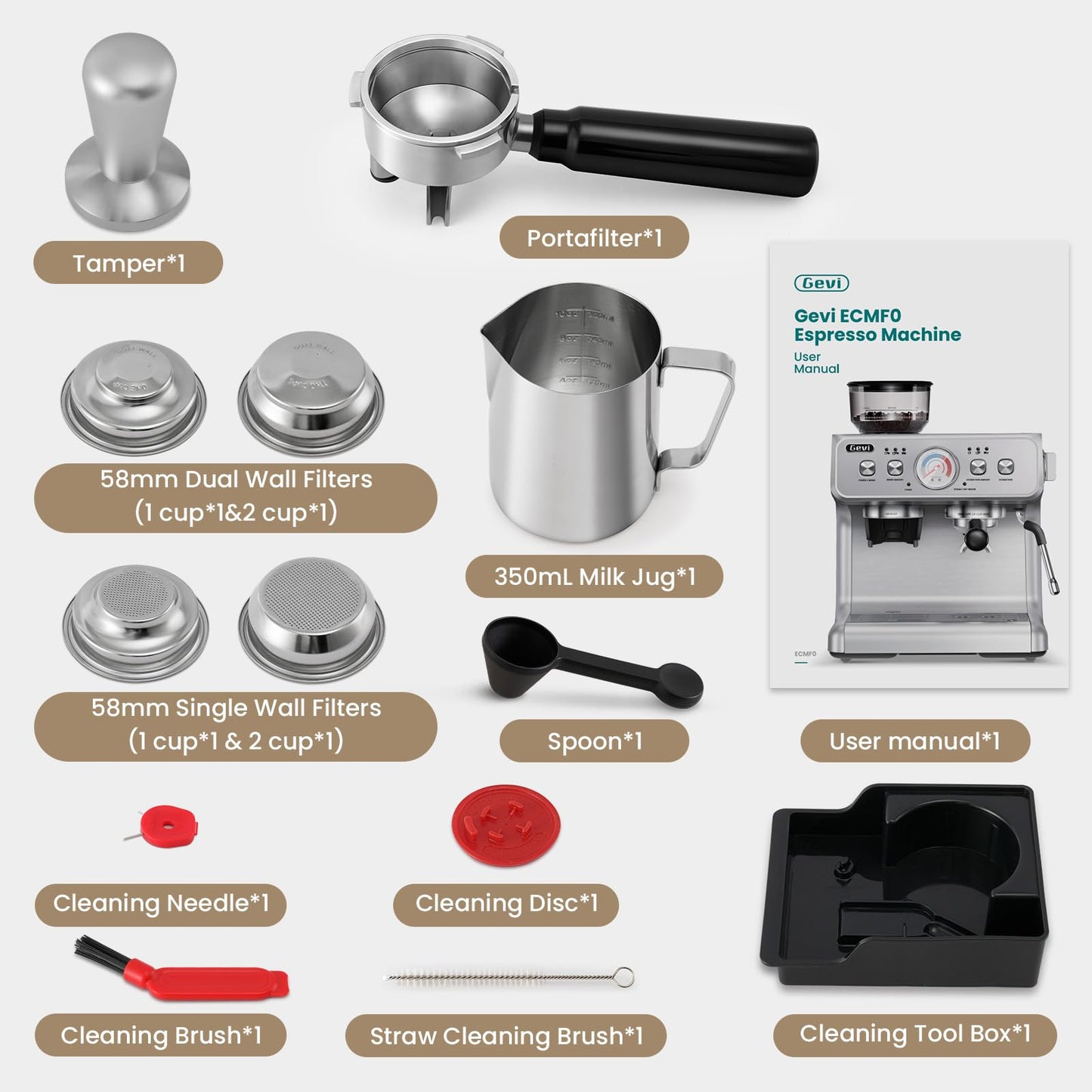 Gevi Dual Boiler Espresso Machine with Built-in Grinder & Barista Steam Wand | 58mm Commercial Portafilter, 31 Grind Settings, Stainless Steel | For Home Barista Use