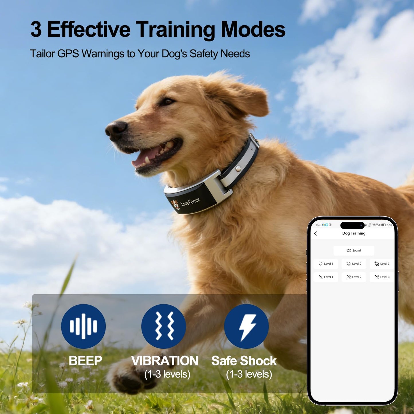 Wireless Dog Fence, GPS Dog Collar Fence System with Real-Time Tracking & Training, Portable Invisible Fence for Outdoor Use, Rechargeable Waterproof Collar Adjustable for Medium Large Dogs