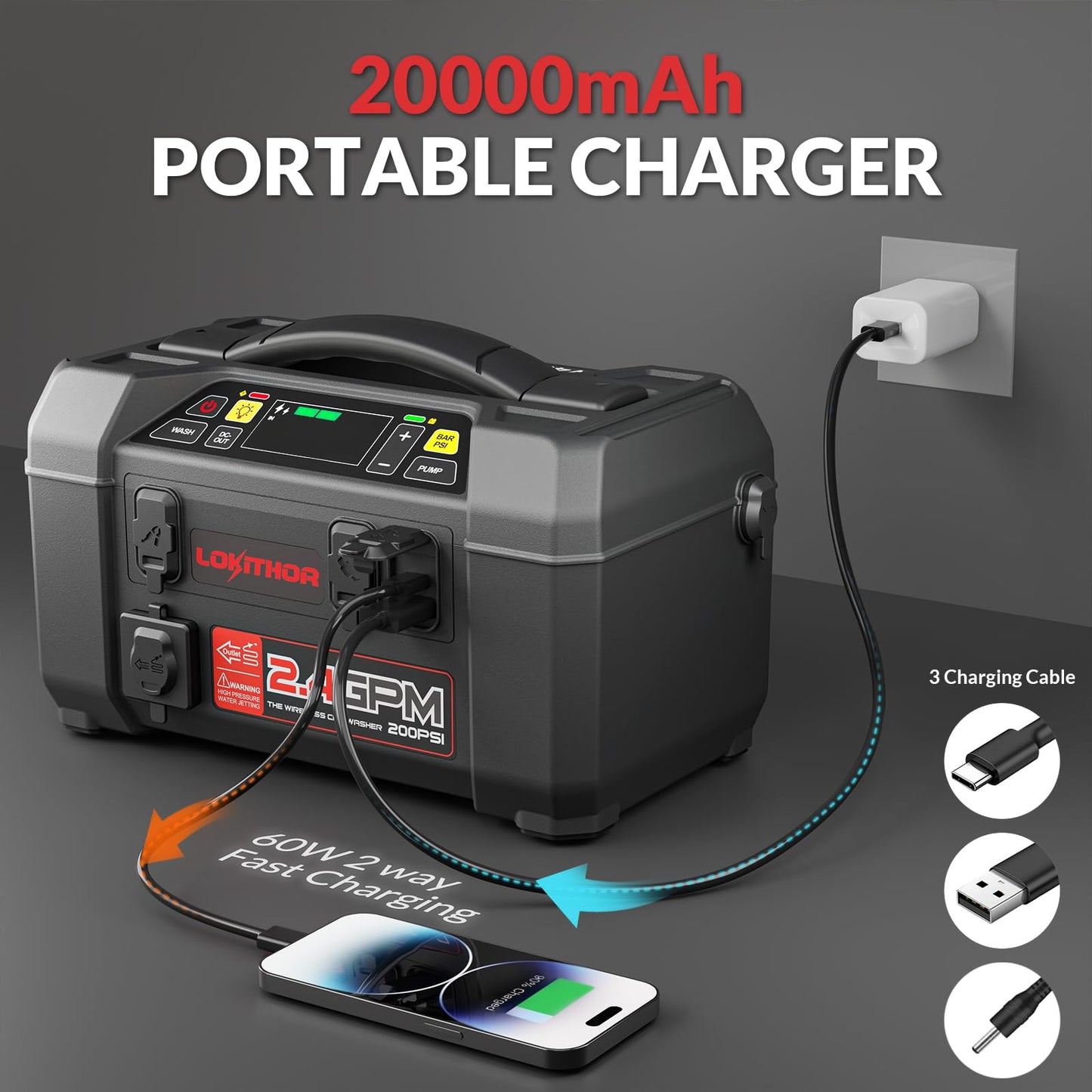 LOKITHOR JA300 1500Amp Jump Starter with 150PSI Air Compressor and AW401 2500Amp Jump Starter with 200PSI Car Washer