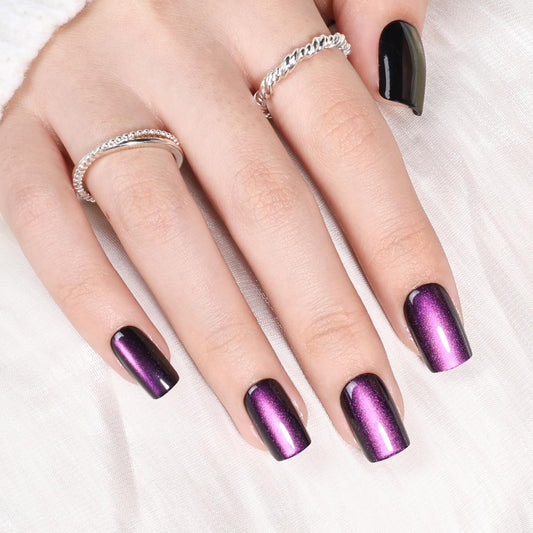Purple Cat Eye Press On Nails Square - Dark Purple Short Square Fake Nails, Short Cateye Press On Nails Reusable Stick On Nails in 16 Sizes, 32pcs False Nail Kit for Women & Girls(Silent Amethyst)