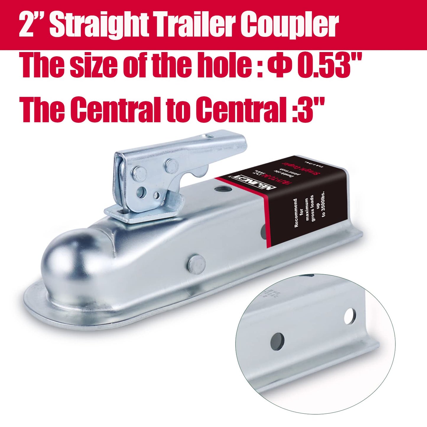 NBJINGYI Straight Trailer Coupler for 2" Ball and 2" Channel Tongue, 3500 lbs Gross Weight Capacity, Zinc Plated Steel for Boat, Utility and Equipment Trailers