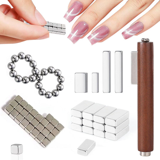 YECIRALA 64pcs Cat Eye Nail Magnet Set For Nails Magnetic Nail Polish Magnet Mini Beads Blocks 3 In 1 Cat Eye Magnet For Nails Water Wave Checkered Floral Cat eye Nail Design Tools For Nail Art