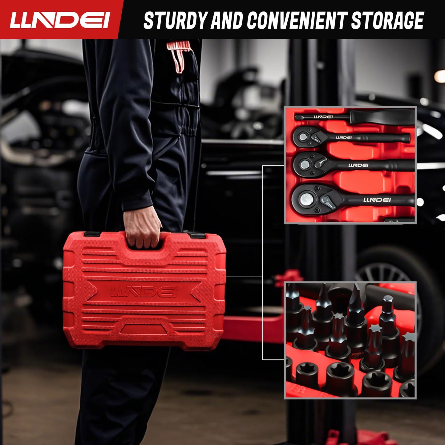 LLNDEI 160-Piece Mechanics Tool Set, Metric Socket Set 1/2 1/4 3/8 inch Drive Professional Tool Kit, CR-V Deep & Shallow Kit with Quick Release Ratchet