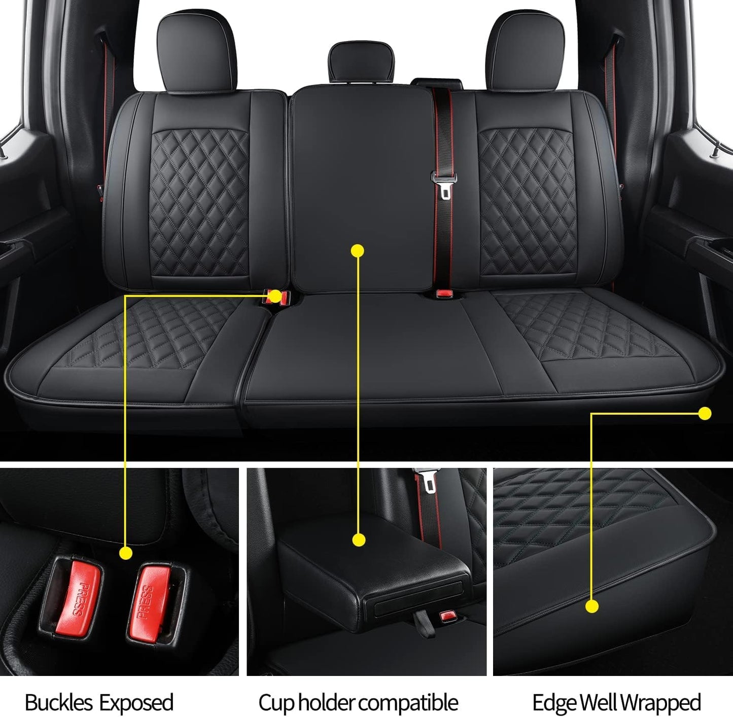 LUCKYMAN CLUB F150 Faux Leather Seat Covers Fit for 2015-2025 F150 SuperCrew and 2017-2025 F250 F350 F450 Super Duty Crew Cab Pickup Trucks(Full Set, Black)