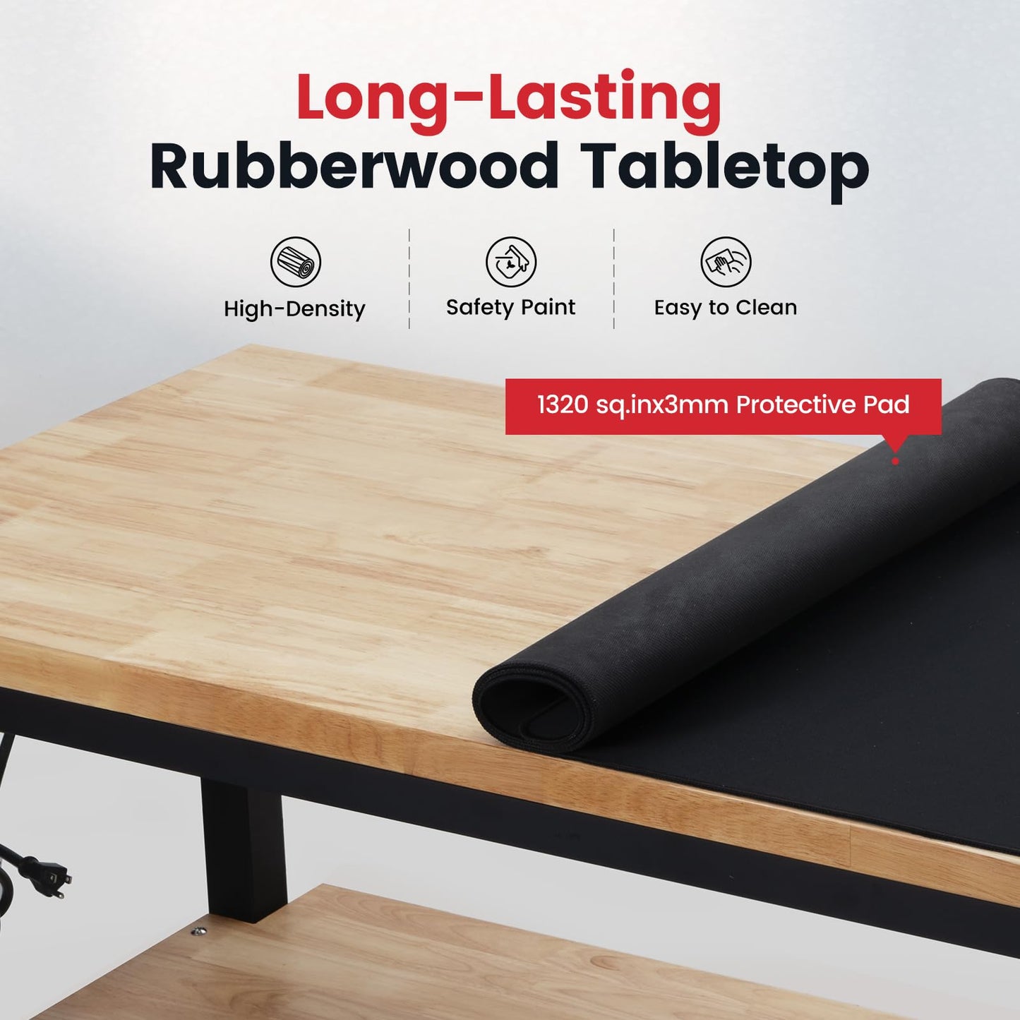 ENJOYWOOD 60" x 22" Heavy Duty Workbench Adjustable Height Garage Work Table with Solid Rubberwood Top, Pegboard & Power Outlets for Workshop, Home & Office