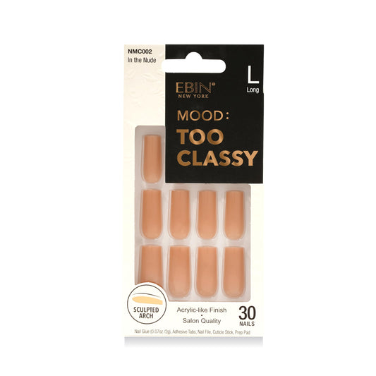 MOOD: TOO CLASSY Press On Nails - In the Nude | Trendy Long Coffin Shape | Salon Acrylic Finish, Kit Includes 30 Nail Tips, Mini Glue, Adhesive Tabs, Nail File, Cuticle Stick, Prep Pad