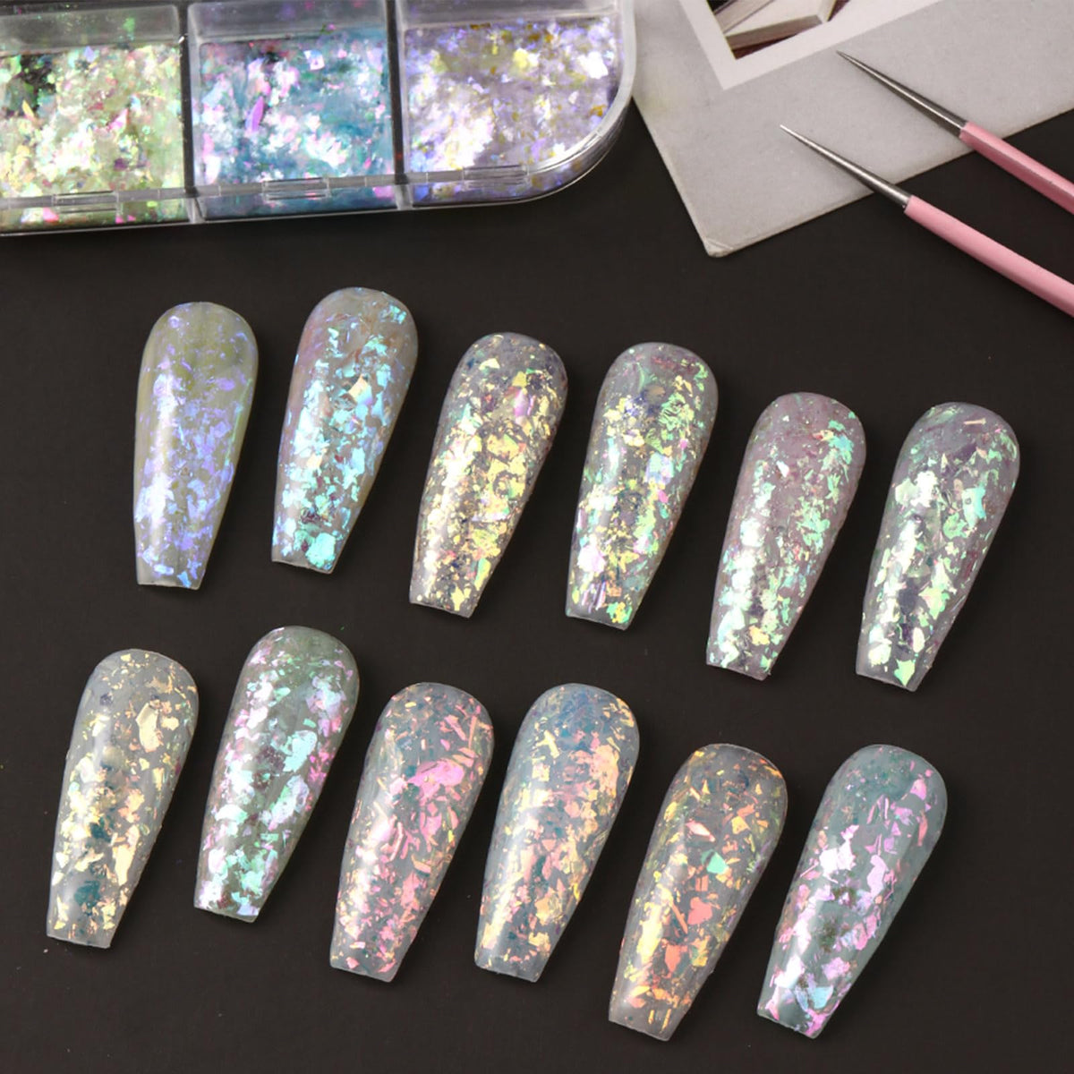 Holographic Aurora Opal Nail Flakes,12 Colors Iridescent Mermaid Nail Powder Gradient Ice Slag Nail Sequins Spring Summer for Gel Polish, Acrylic Nails, DIY Manicure & Resin Craft Supplies
