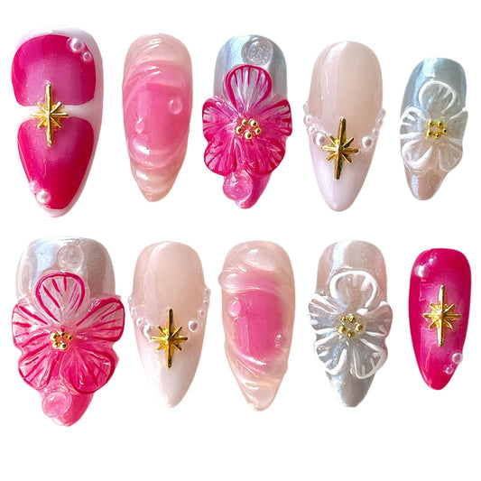 Handmade Press On Nails, Medium Almond Shape, Cherry Blossom Design with Gold Stars, Pearl Accents, Pink Blue Nude Colors, 3D Floral Reusable Acrylic False Nails (Bouquet lace, M)