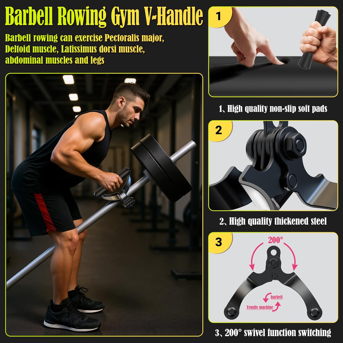 V Bar Landmine Attachment - T Bar Row Handle for Olympic Barbell, Multi-Grip V-Handle with Non-Slip Rubber Grip for Landmine Exercises, Seated Rows, Face Pulls, Strength Training (Fits 1" & 2"" Bars)"
