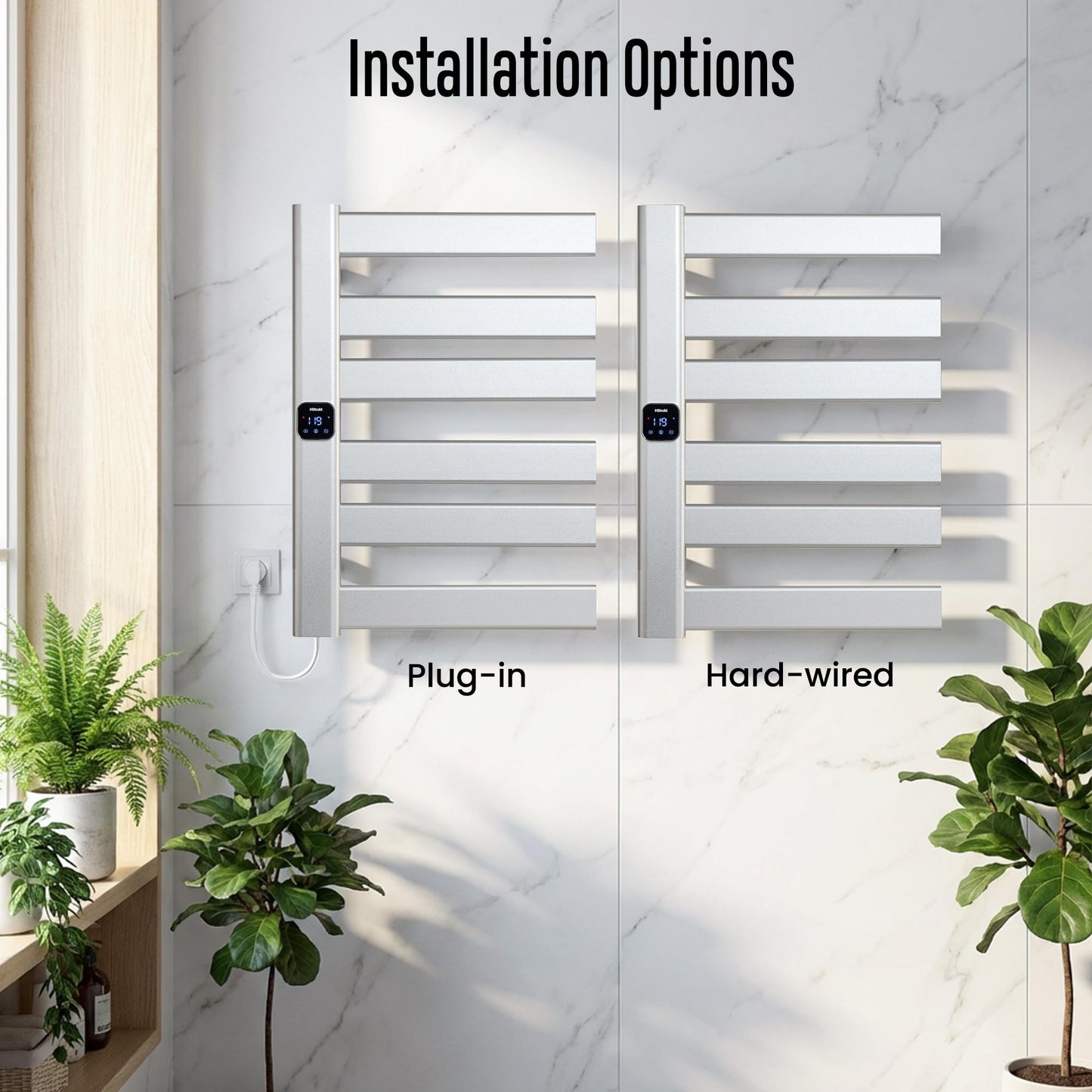 HStrukt Towel Warmer, Heated Towel Rack with Built-in Timer and Temperature Control,Hard-Wired(Left-Wiring)/Plug-in Wall-Mounted Towel Rail, Aluminum, 18.8" W X 25.6" H, Silver