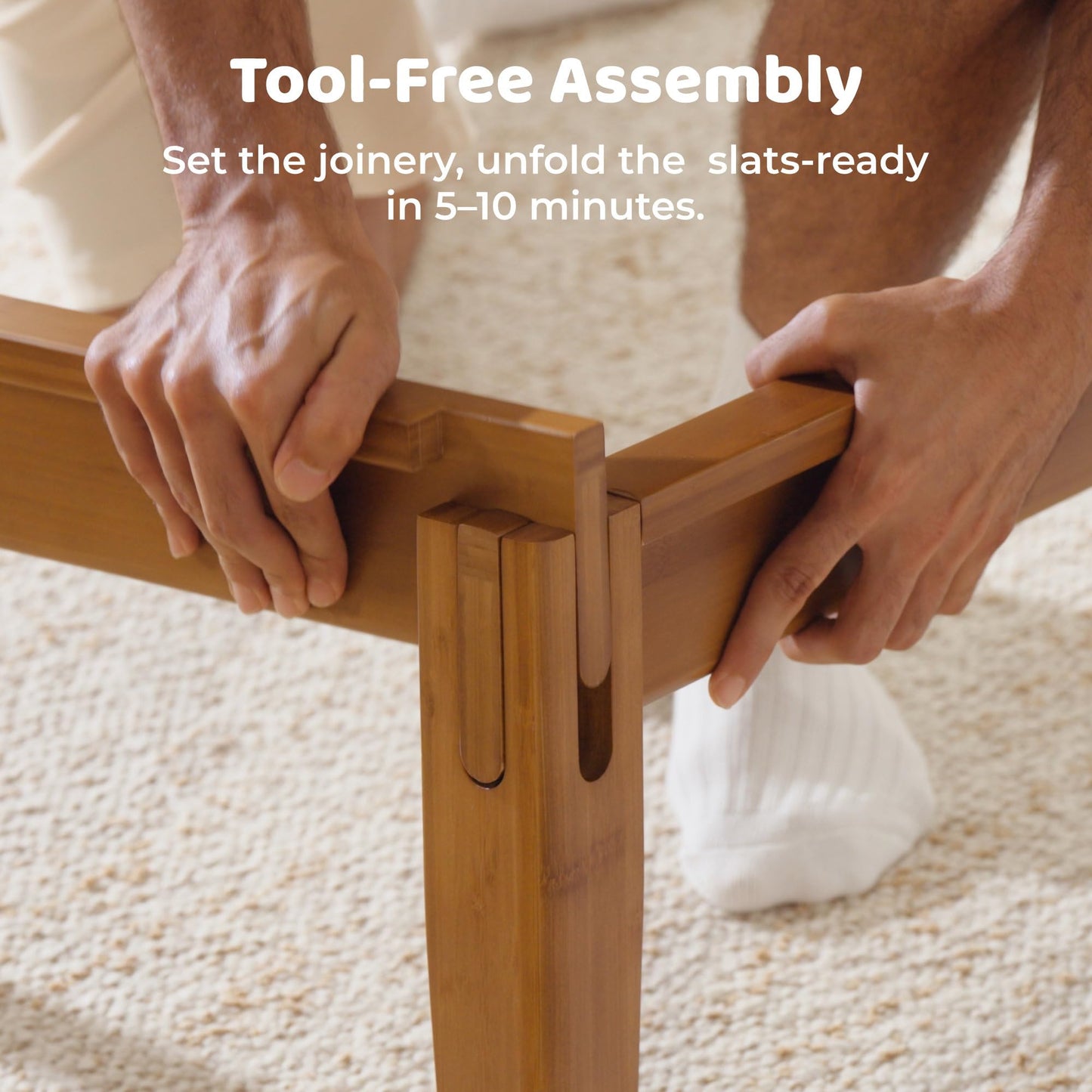 RECCI King Japanese Joinery Platform Bed Frame, Mid-Century with Tall Headboard, Noise-Free Solid Bamboo Wood Sustainable, Sturdy Slat Support with Heavy Duty, Tool-Free Assembly, 10-Inch Storage
