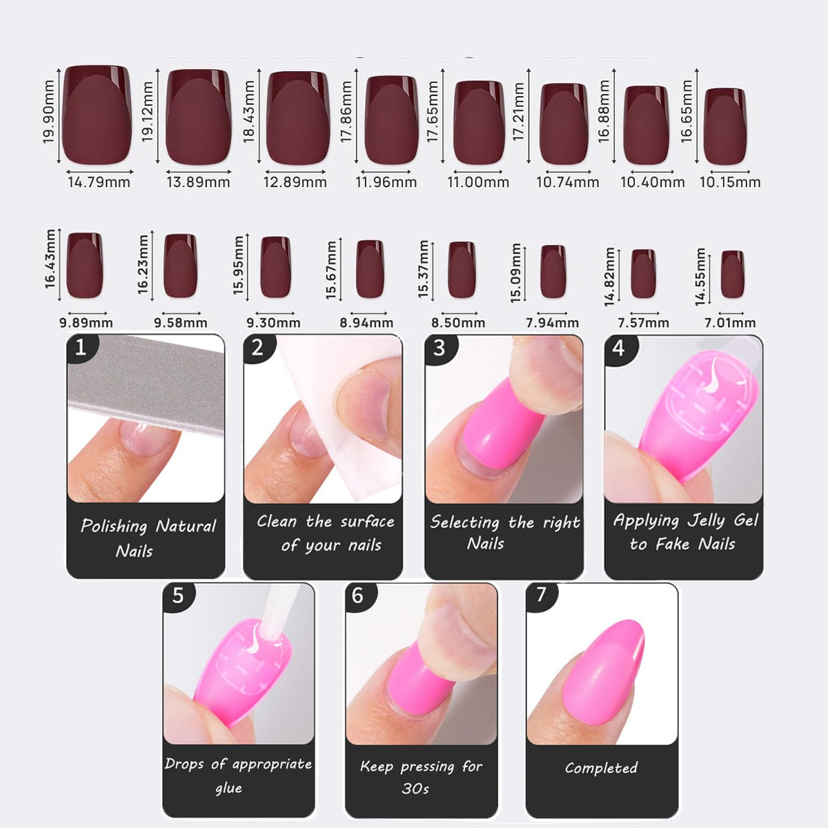 Dark Red Press On Nails Square -Short Red Nails with Glossy French Tips in a Matte Finish 16 Sizes - 32 Nail Kit with Glue