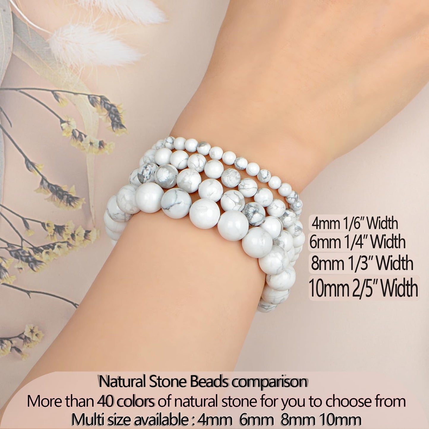 LPBeads Handmade Natural Gemstone Stretch Elastic 4mm White Howlite Bracelet Healing Crystal Round Stone Beads Jewelry Gifts for Women Men