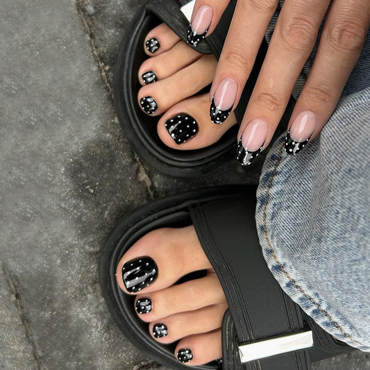 Polka Dot Press on Nails & Press on Toenails Matching Set -Black French Almond Nails Press ons,Black Toe Nail Press ons Short Square,Reusable | Artificial | Nail Sticky Tab | Easy Apply | 48Pcs