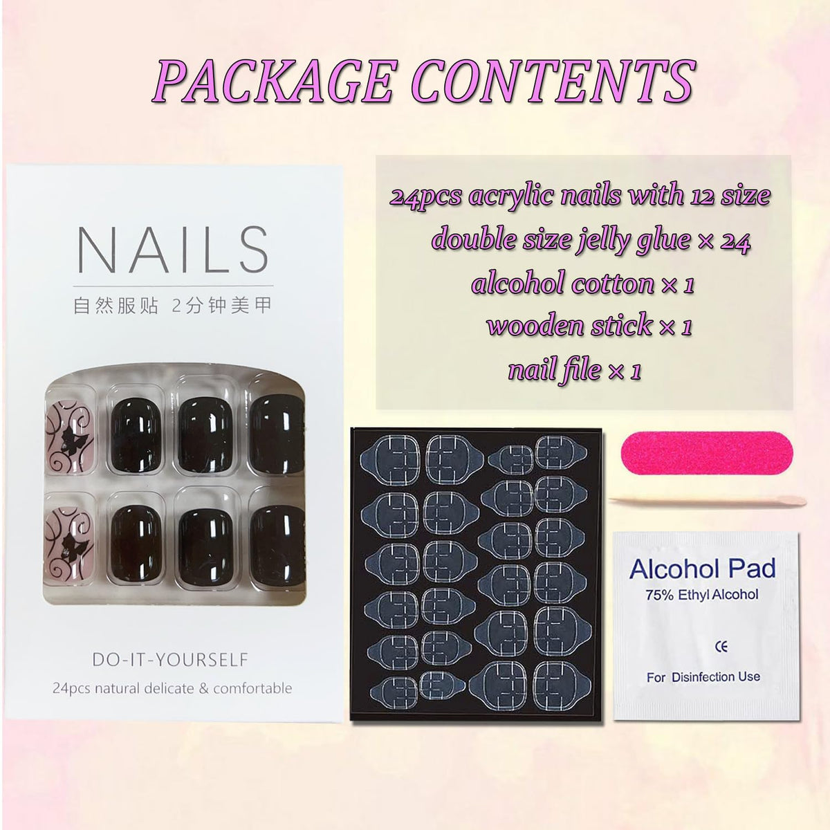 Extra Short Press on Nails Square Black Fake Nails Glossy Acrylic Glue on Nails Butterfly Rhinestone Designs Gel Nails Press ons Cute Stick on Nails for Women Manicure Tips Decorations 24Pcs
