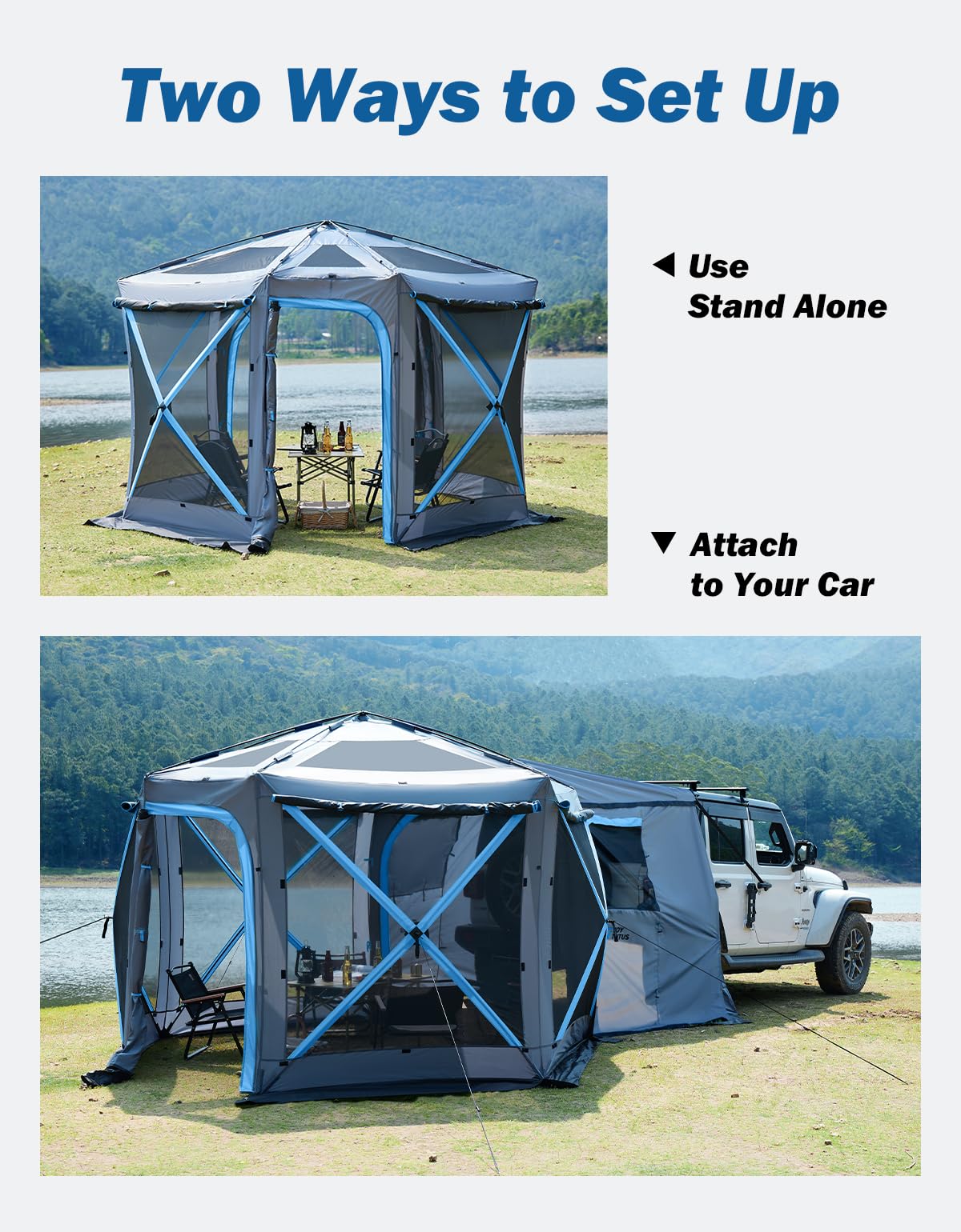 JOYTUTUS Dual-Use Pop up SUV Tents for Camping, 10 x10.5 Ft Big Space 2 Rooms Car Tent, SUV Tailgate Tent for Family Camping, 5 Sides Canopy, Portable Carry Bag, Gray Blue
