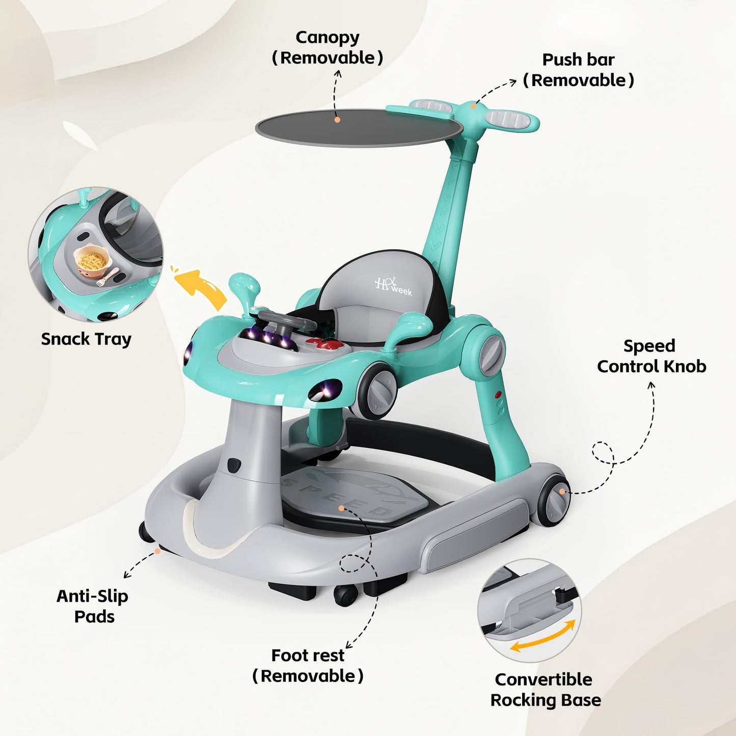 HAWEEK Baby Walker with Wheels, 7-in-1 Foldable Baby Walkers for Boys Girls 6-12 Months with Feeding Tray & Music, Lights,Rocker,Sun Canopy, Bouncing Pedal, Adjustable Wheel Speed, Push Walker(Green)