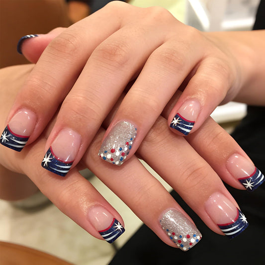 4th of July Press on Nails Medium Square French Tip Fake Nails Polka Dot Silver Glitter False Nails Independence Day Patriotic Nails Full Cover Glossy Stick on Nail for Women Manicure 24Pcs